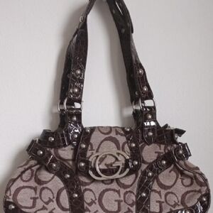Guess Brown Monogram Shoulder Bag with Silver Logo